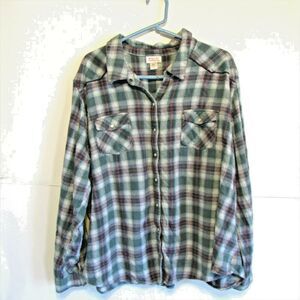 Womens Pearl Snap Flannel Sz 4 Rustic Green Plaid Collared Long Sleeve Mossimo